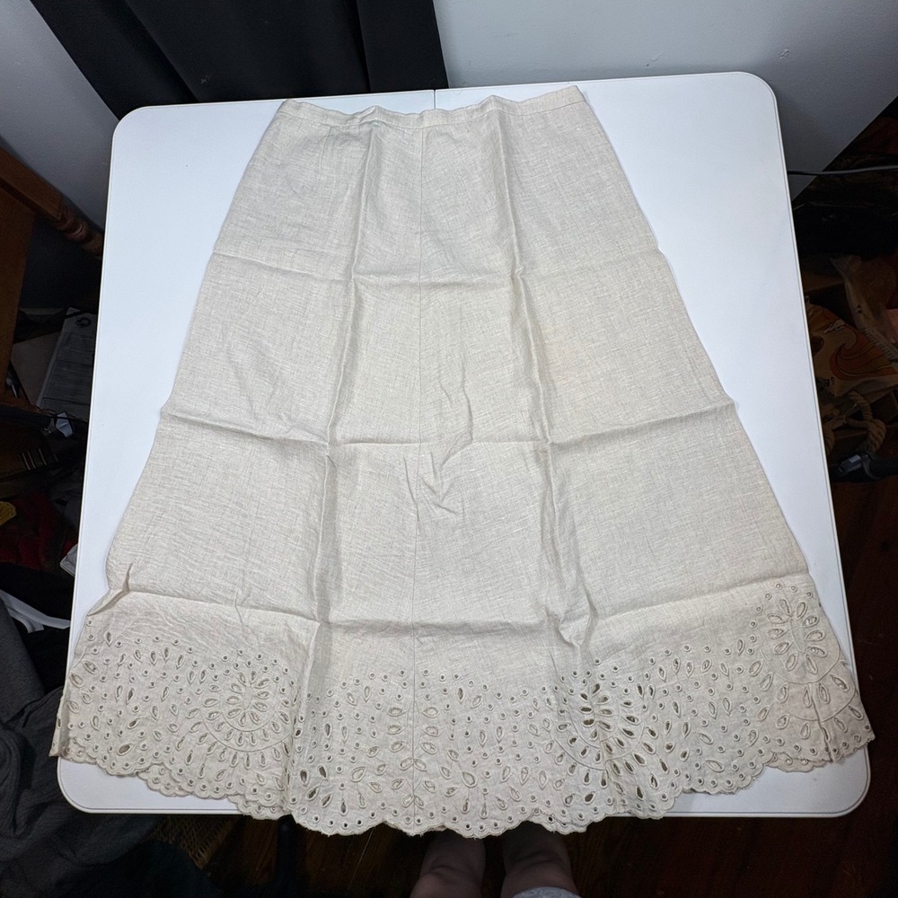 Talbots Linen Midi Skirt Womens 8 Beige Eyelet Hem A Line Summer Cottagecore‎